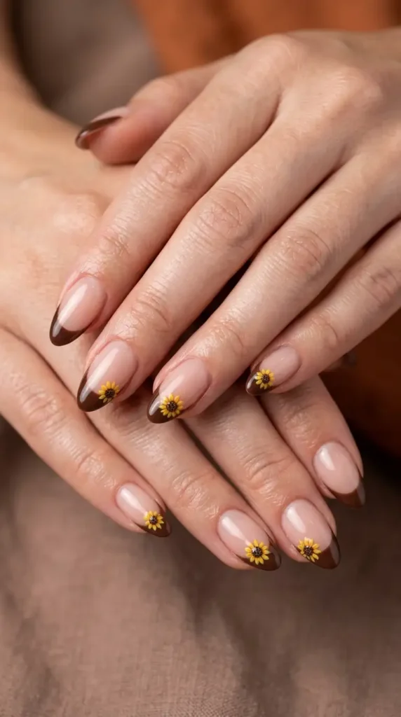 Brown French Tips with Tiny Sunflower Centers