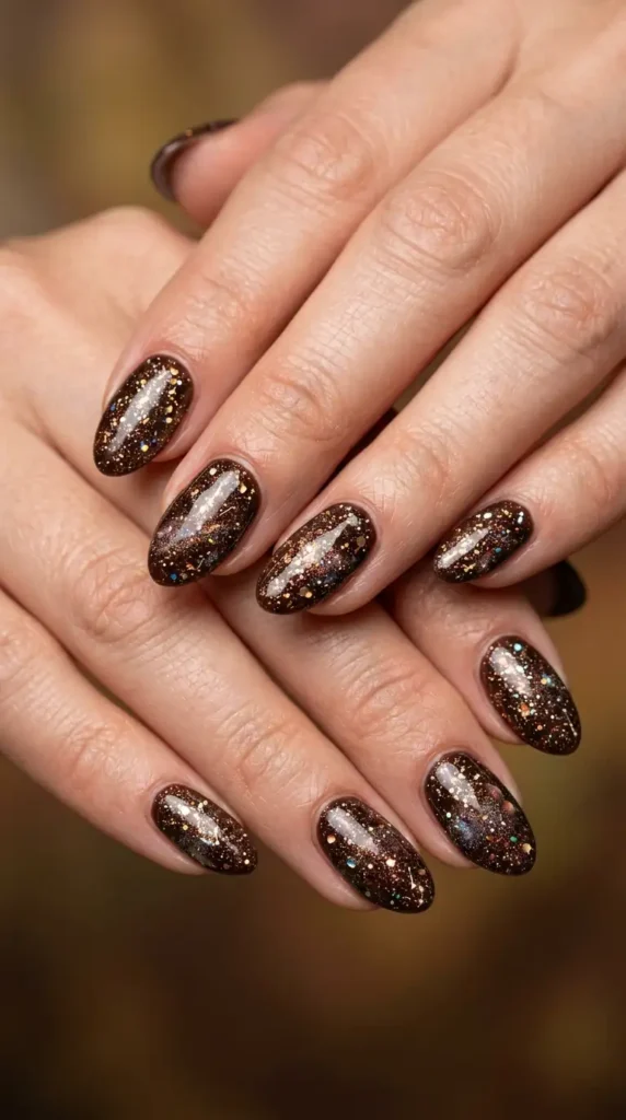 Brown Galaxy Nails with Mixed Glitter Particles