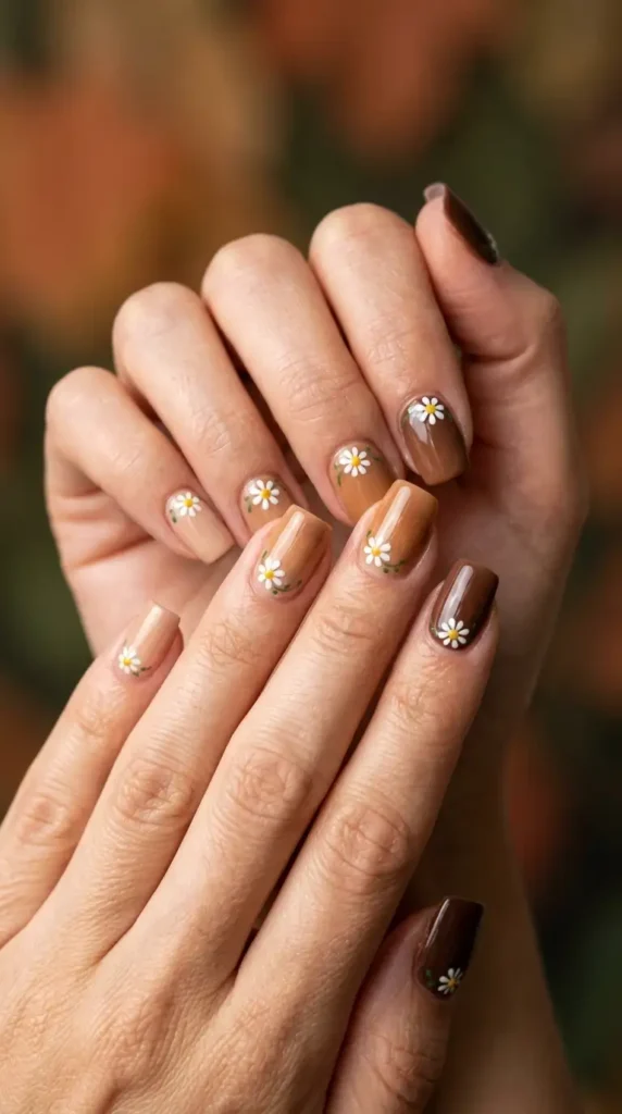 Brown Gradient Nails with Tiny Daisies