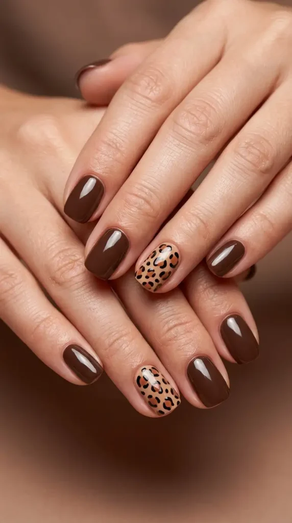 Brown Leopard Print Accent Nails