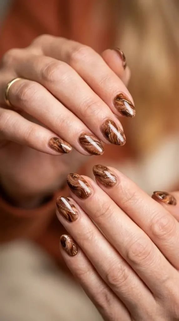 Brown Marble Nails with Glitter Veins