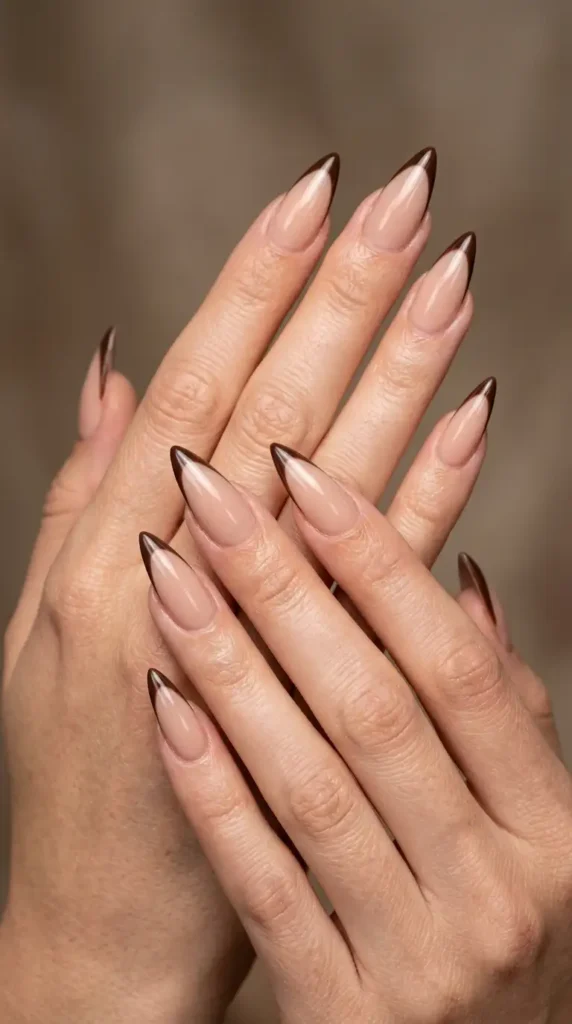 Brown Micro French Stiletto Nails