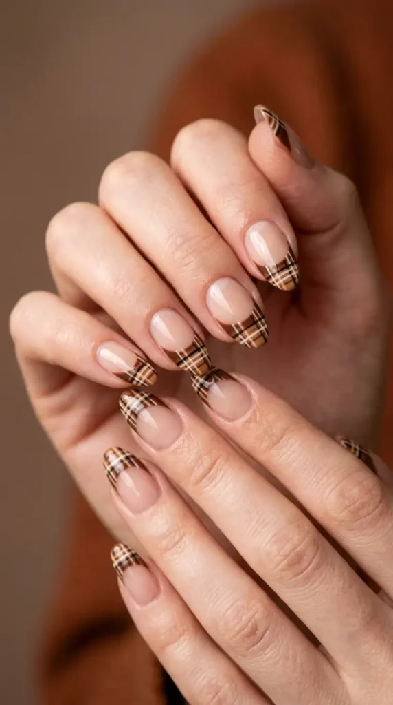 Brown Plaid French Tips