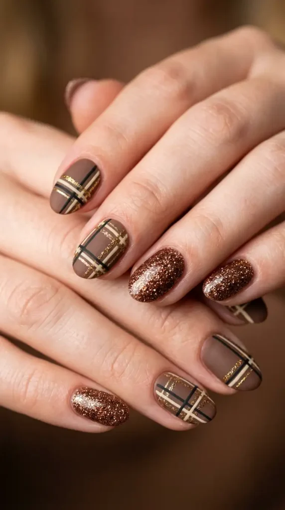 Brown Plaid Nails with Glitter Details