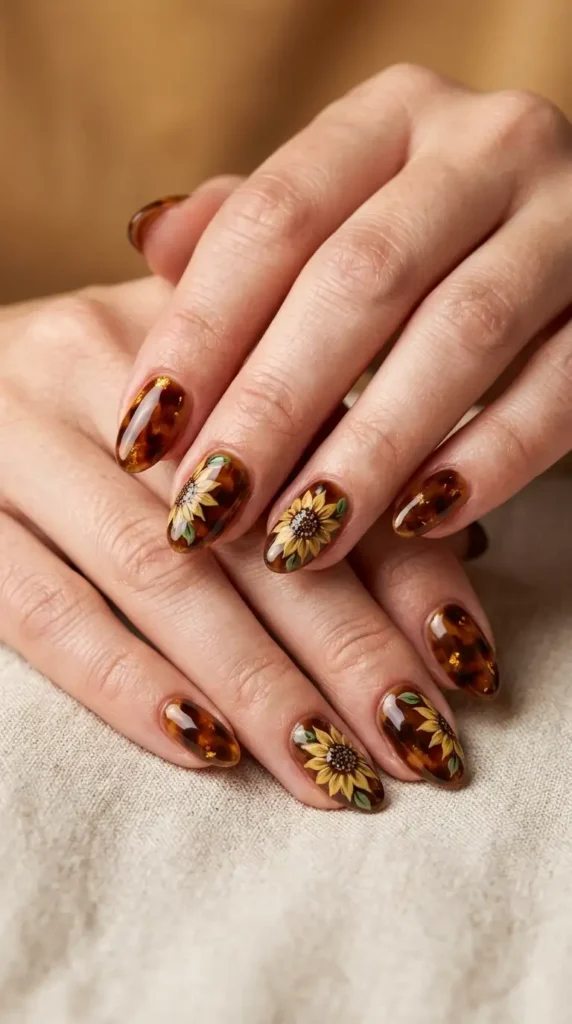 Brown Tortoiseshell Sunflower Nails