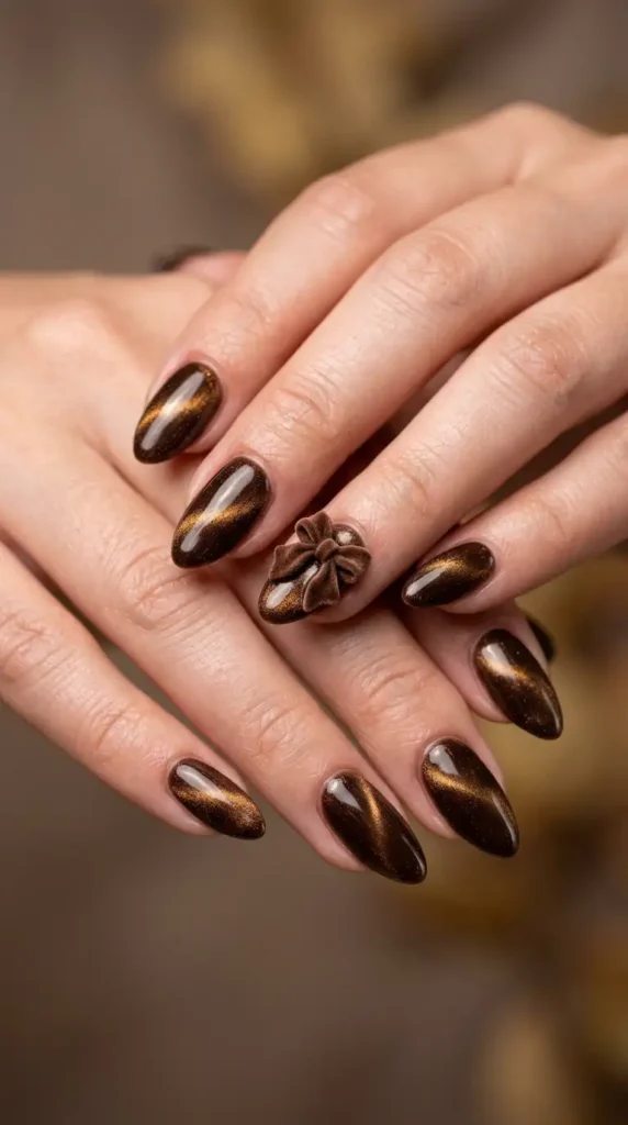 Brown Velvet Bow Accent Nails