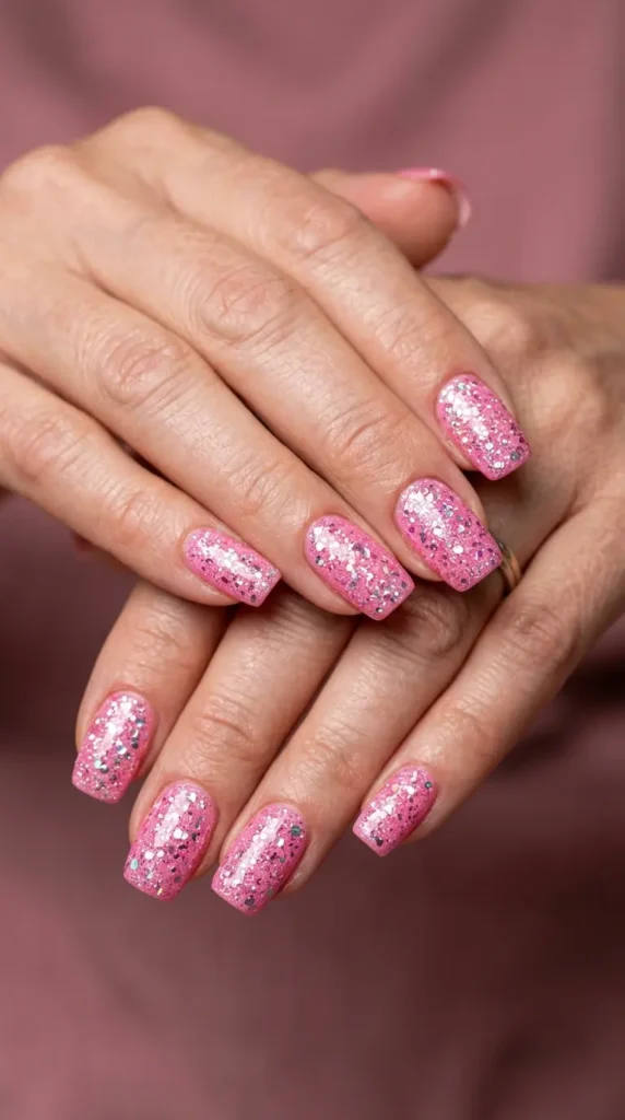 Bubblegum Pink Glitter Nails