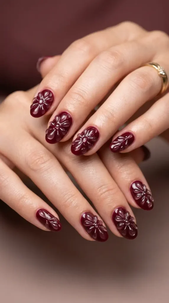 Burgundy 3D Gel Flower Nails