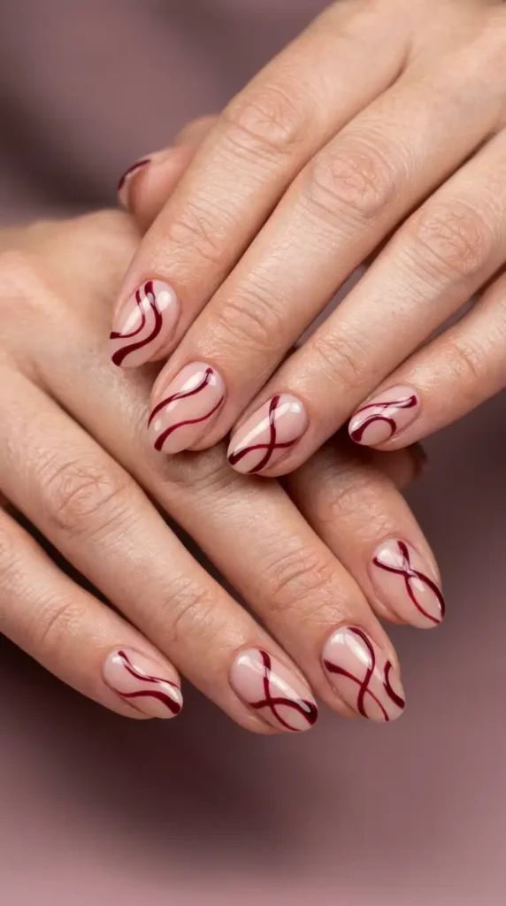 Burgundy Abstract Line Nails