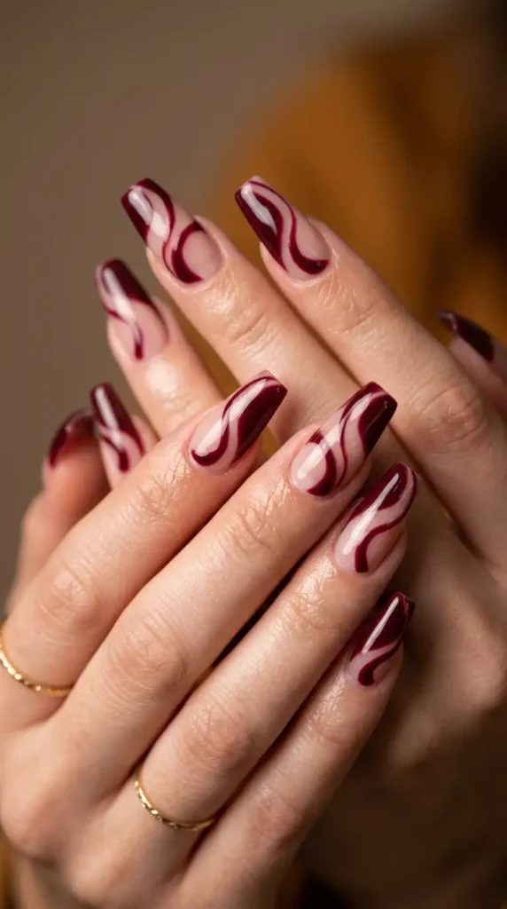 Burgundy Abstract Swirl Nails