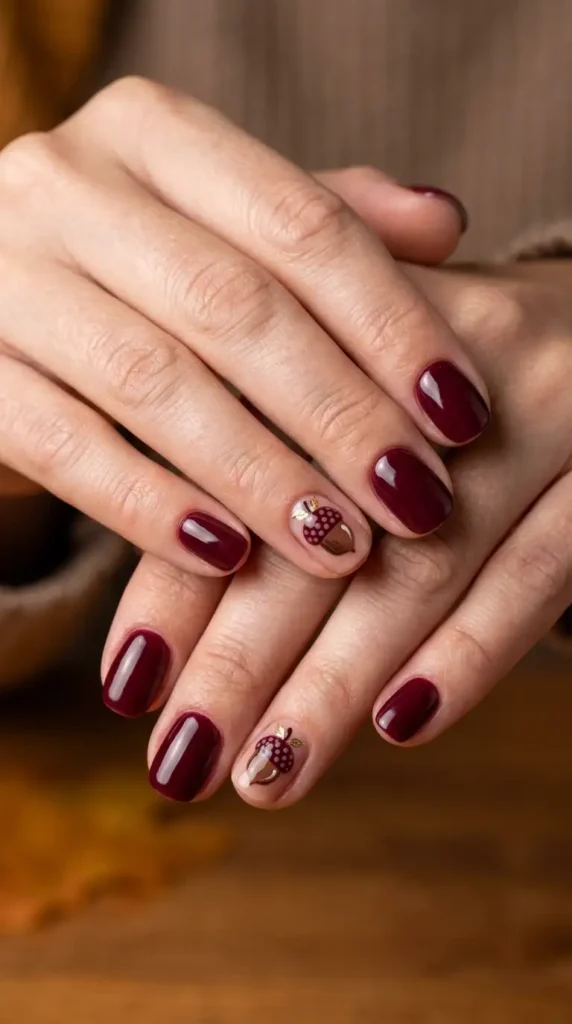 Burgundy Acorn Nail Art