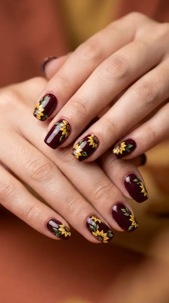 Burgundy Acrylic Nails with Tiny Sunflower Blooms