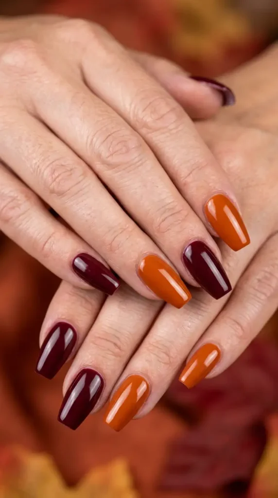 Burgundy and Burnt Orange Mixed Fall Nails