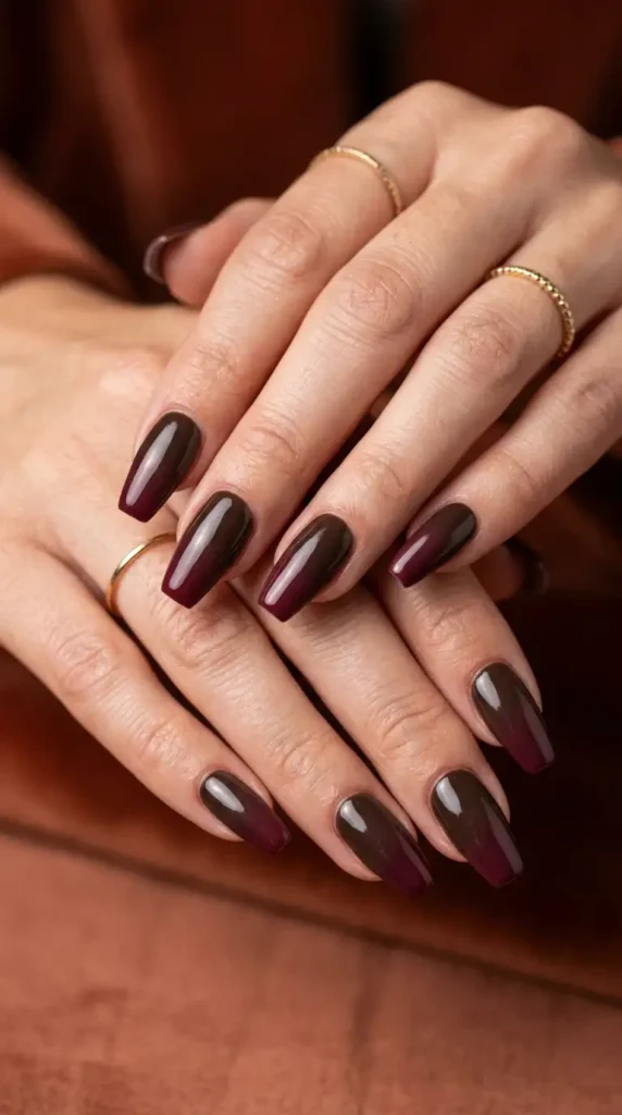 Burgundy and Chocolate Brown Ombre Nails