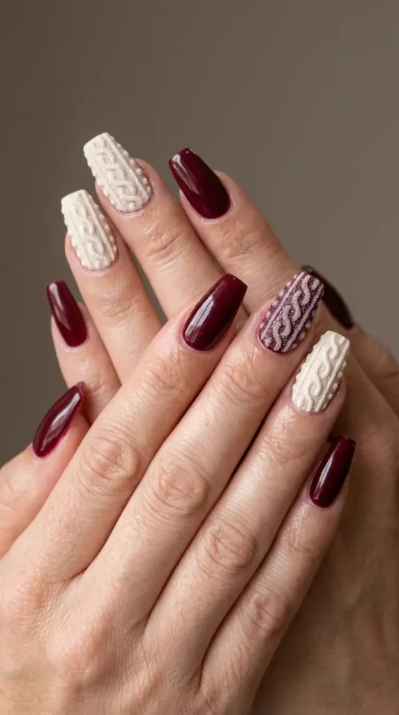 Burgundy and Cream Sweater Pattern Nails