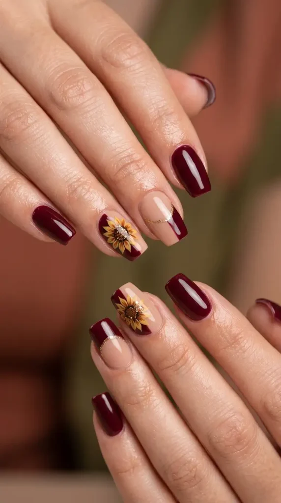 Burgundy and Nude Color Block Acrylic Nails