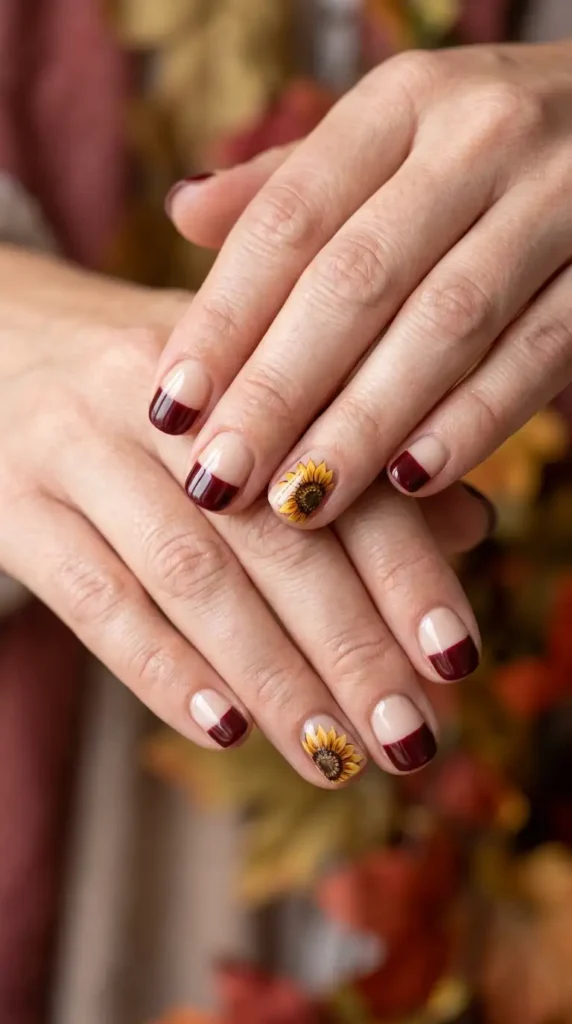 Burgundy and Nude Color Block Nails