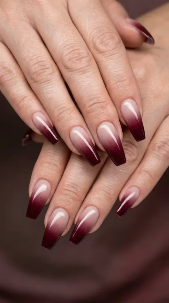 Burgundy and Nude Ombre Coffin Nails