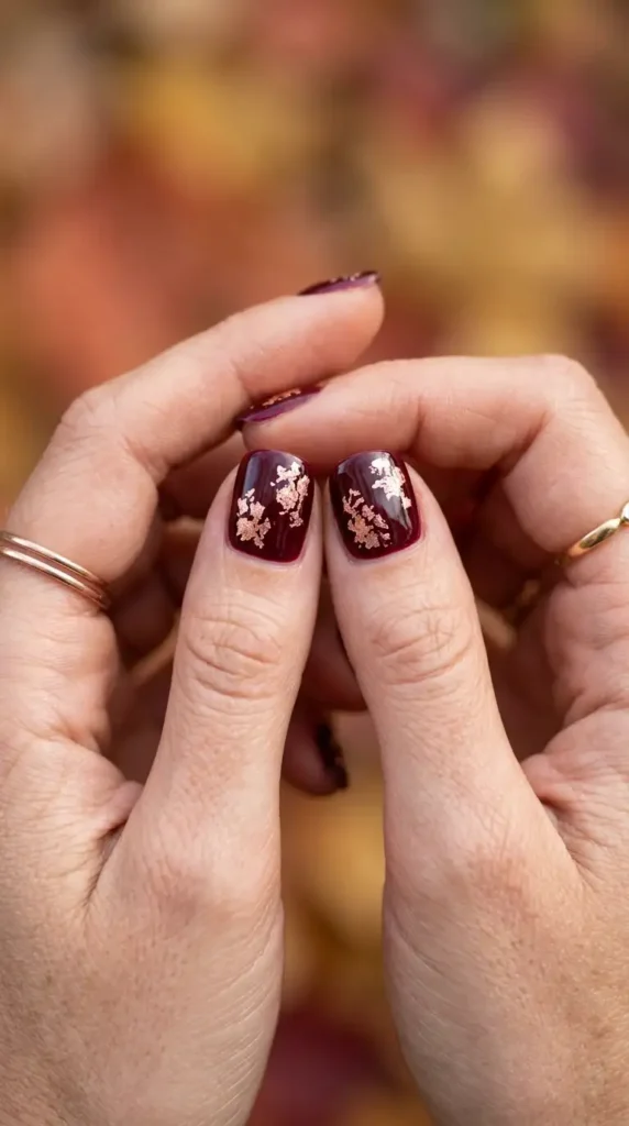 Burgundy and Rose Gold Foil Nails