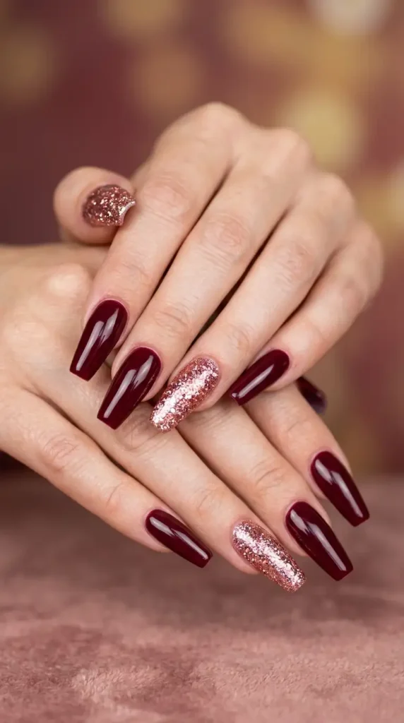 Burgundy and Rose Gold Glitter Nails