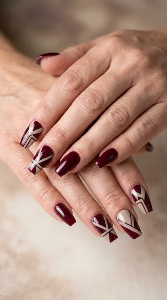 Burgundy and Taupe Geometric Nails
