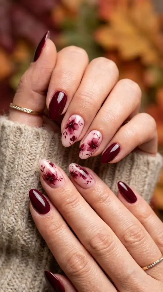 Burgundy Bloom Floral Nails