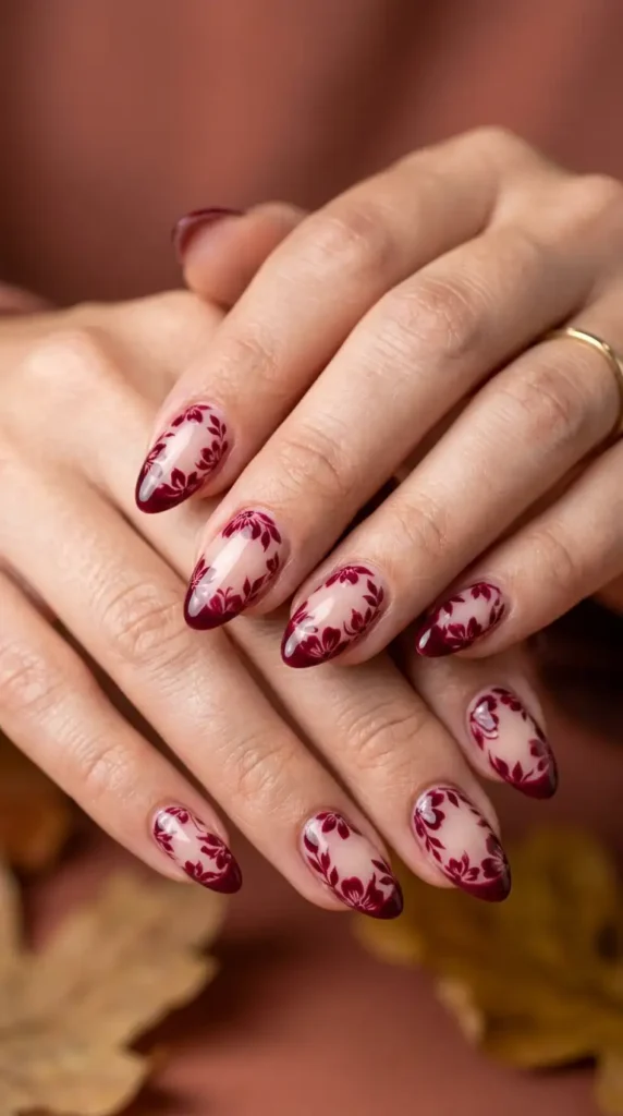Burgundy Bloom Negative Space Nails