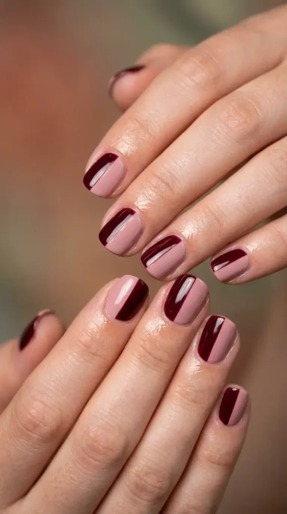 Burgundy & Blush Color Block Nails