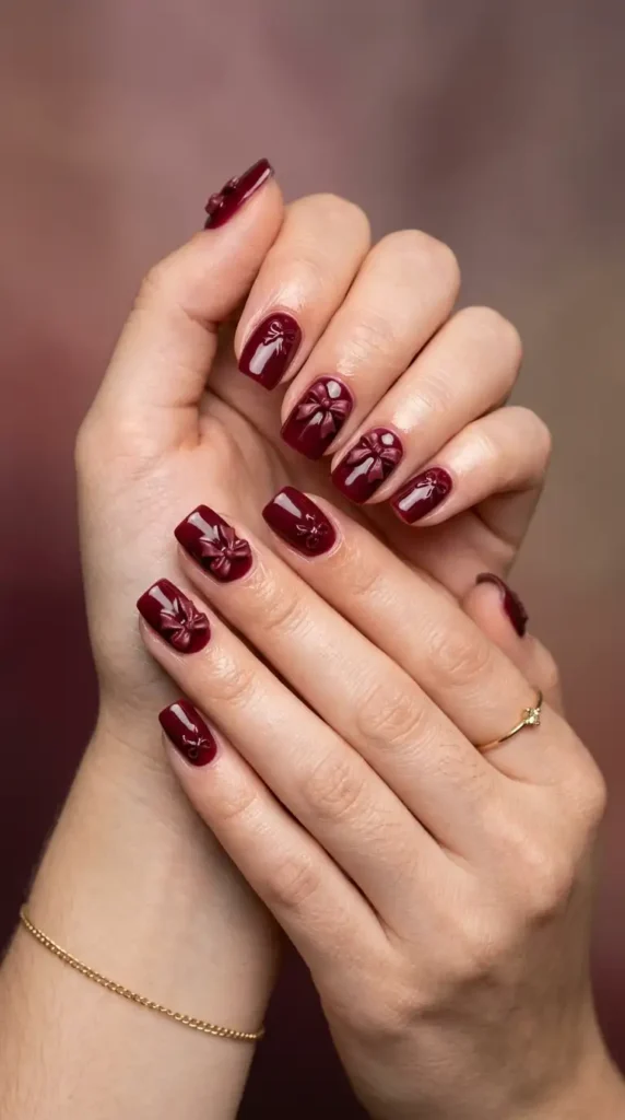 Burgundy Bow Nail Art