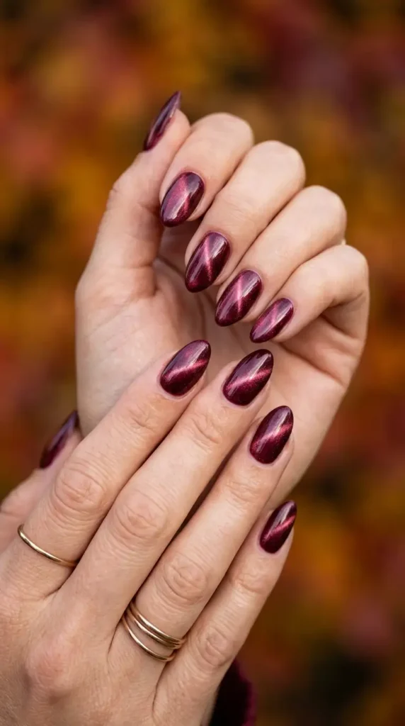 Burgundy Cat Eye Velvet Nails