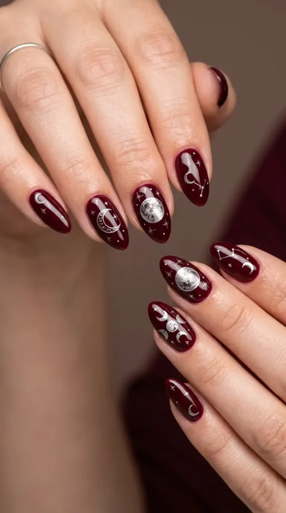 Burgundy Celestial Moon Nails