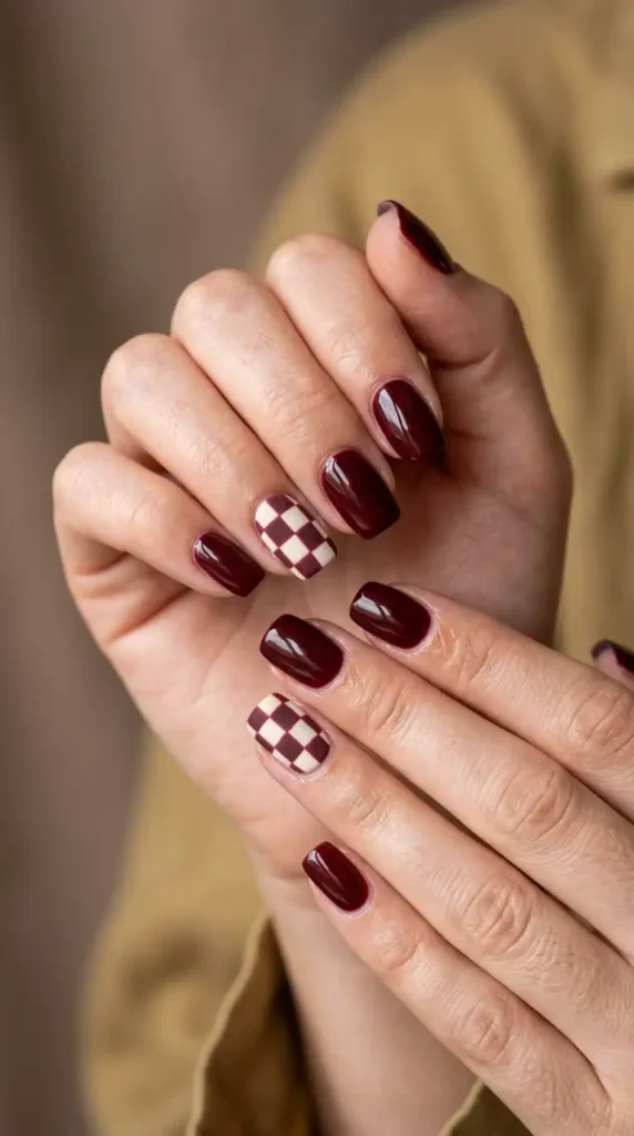 Burgundy Checkerboard Accent Nails
