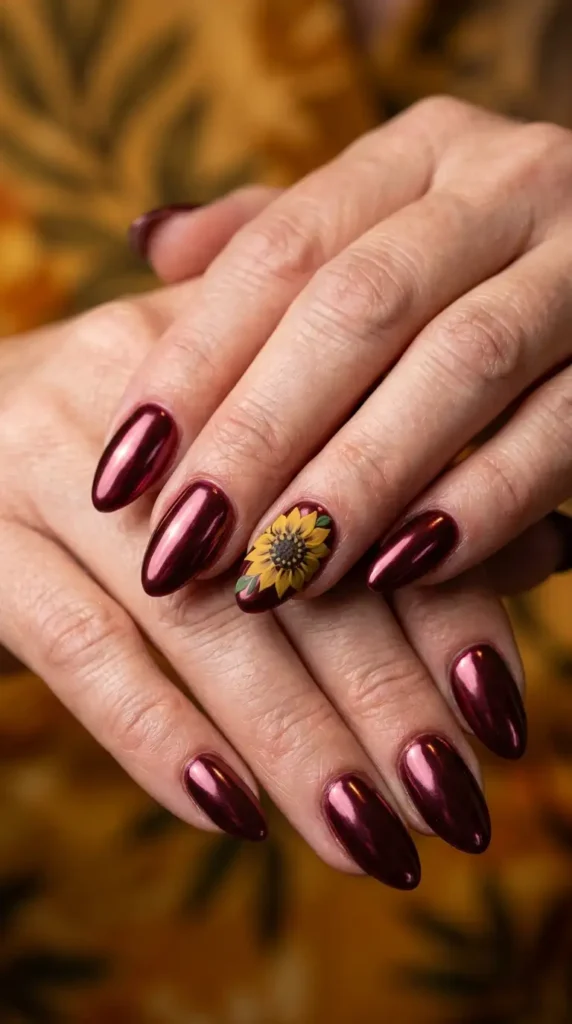 Burgundy Chrome Acrylic Nails with Sunflower Accent