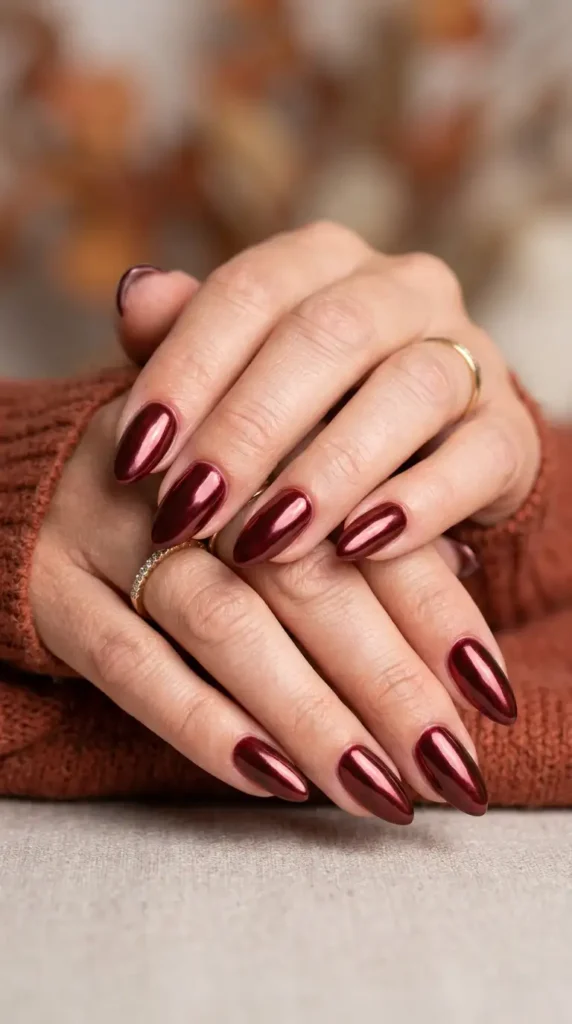 Burgundy Chrome Almond Nails