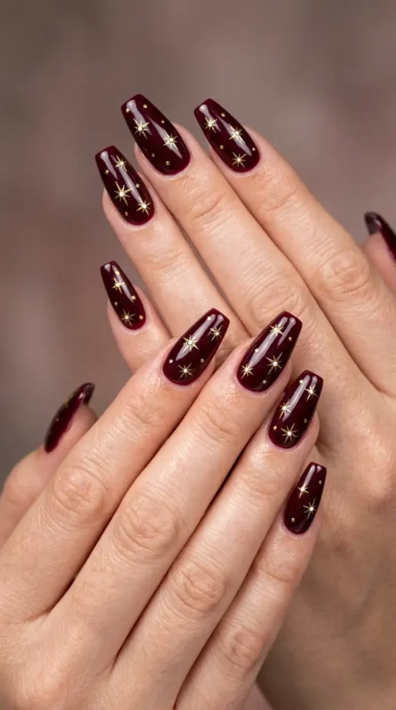 Burgundy Coffin Nails with Celestial Stars