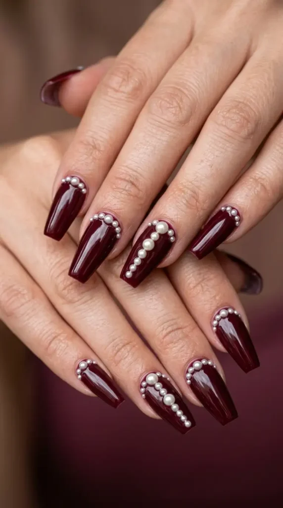 Burgundy Coffin Nails with Pearl Embellishments