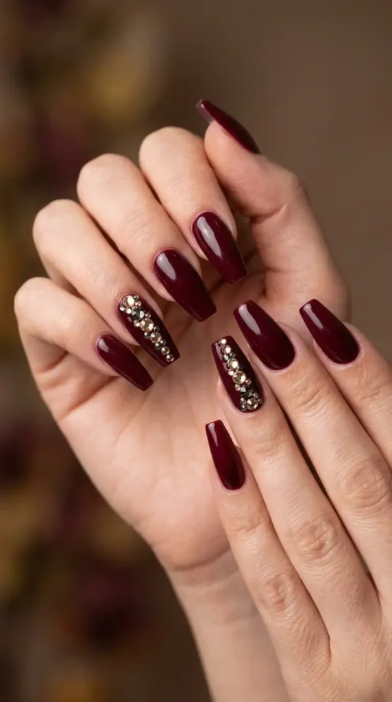 Burgundy Coffin Nails with Rhinestones