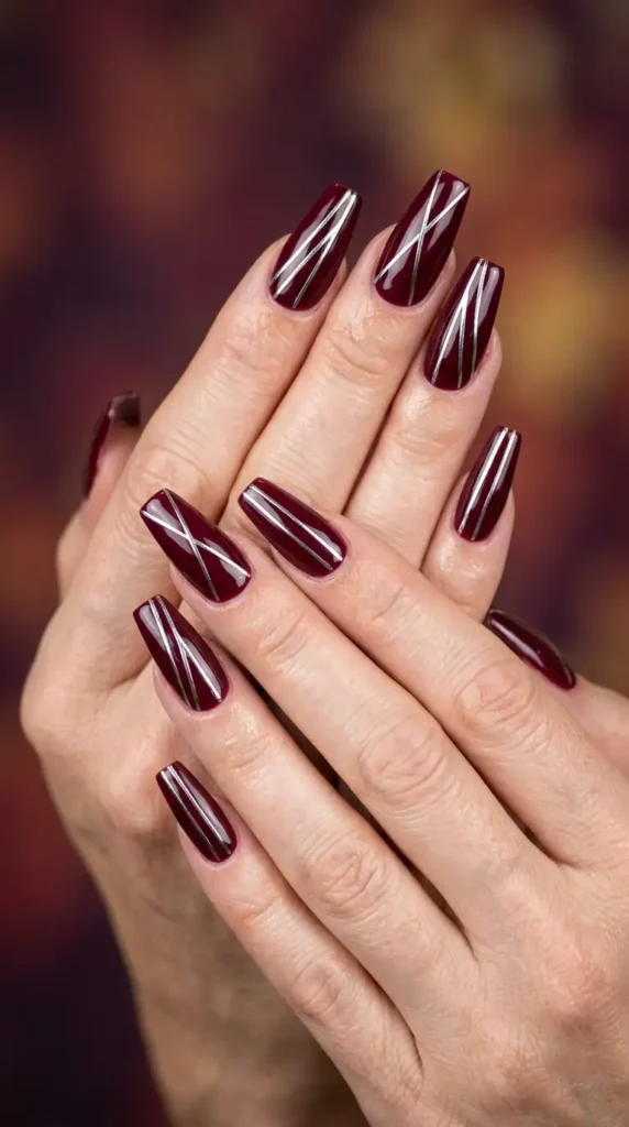 Burgundy Coffin Nails with Silver Chrome Lines