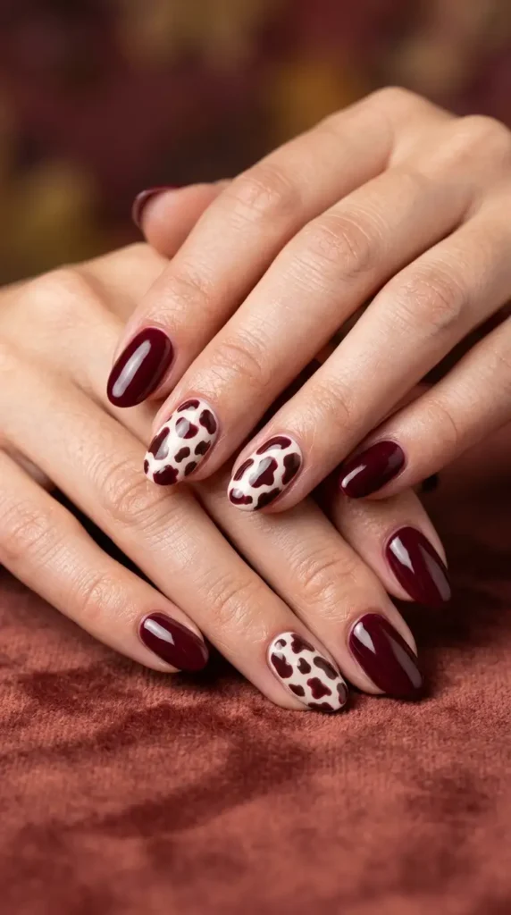 Burgundy Cow Print Accent Nails