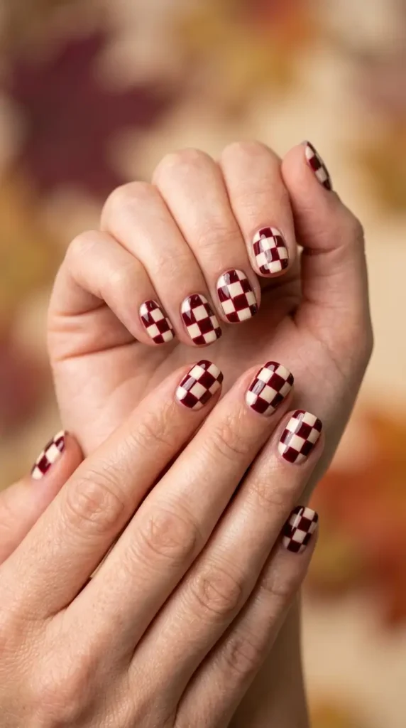 Burgundy & Cream Checkerboard Nails