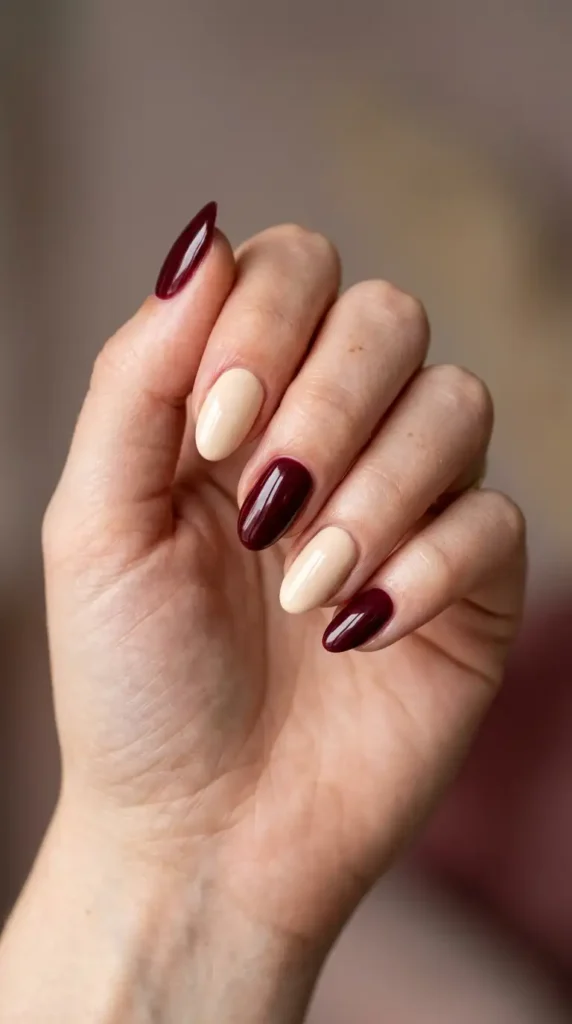 Burgundy & Cream Neutral Nails