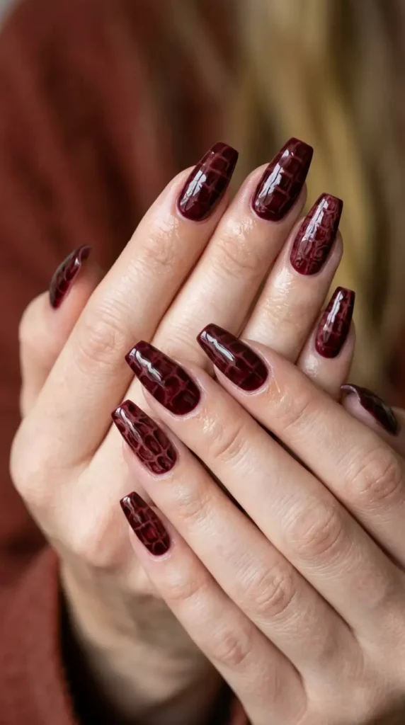 Burgundy Croc Print Coffin Nails