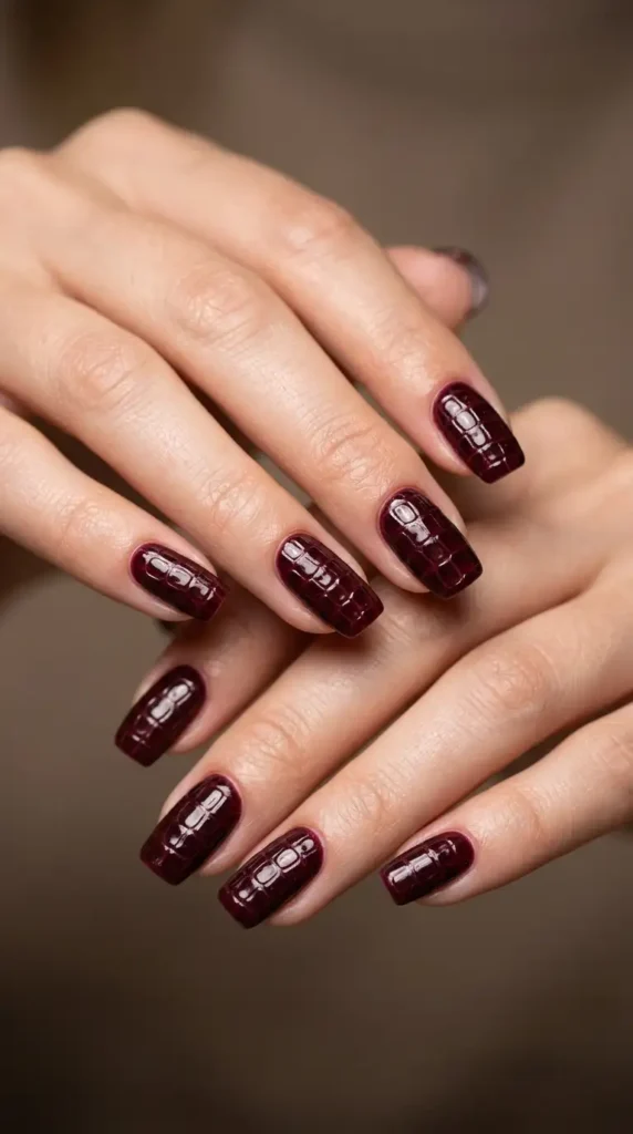 Burgundy Crocodile Texture Nails