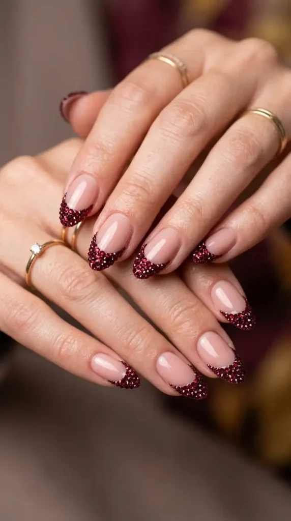 Burgundy Crystal French Manicure