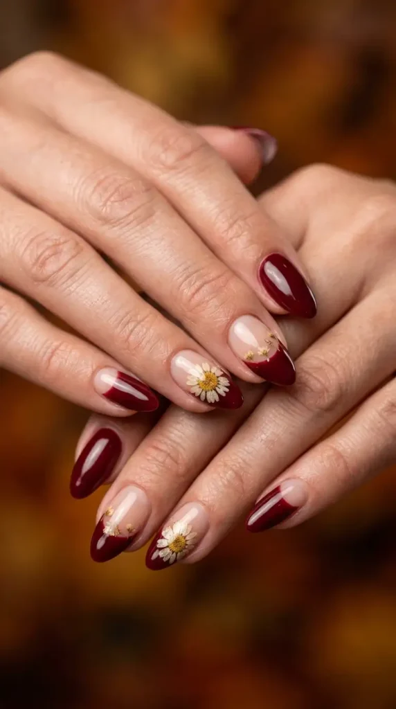 Burgundy & Dried Daisy French Tips