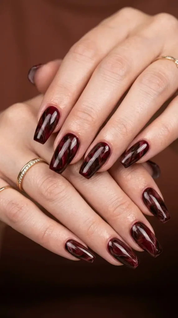 Burgundy Espresso Marble Nails