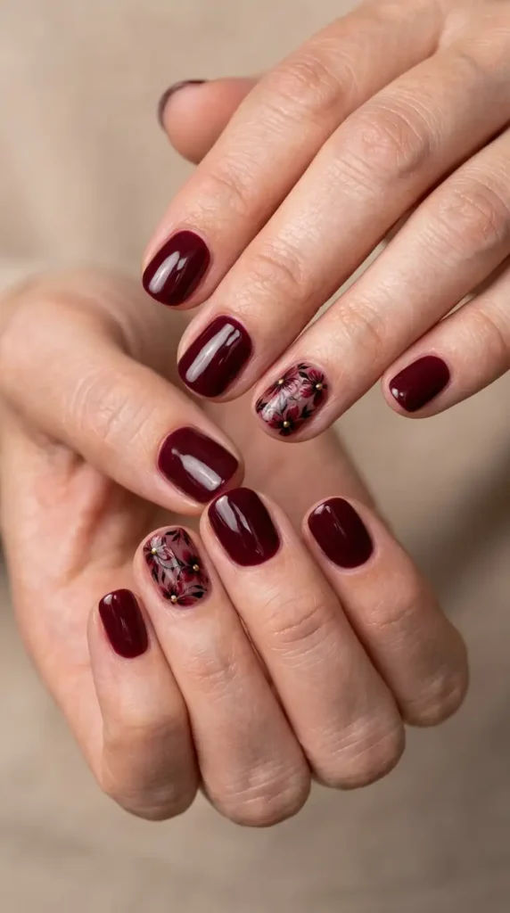 Burgundy Floral Accent Gel Nails