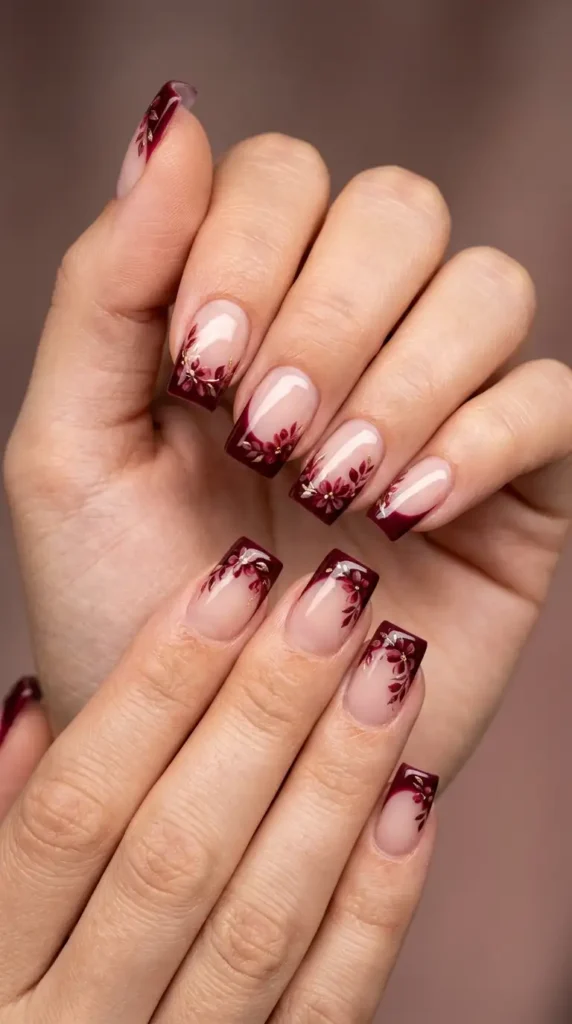 Burgundy Floral French Tips on Square Nails