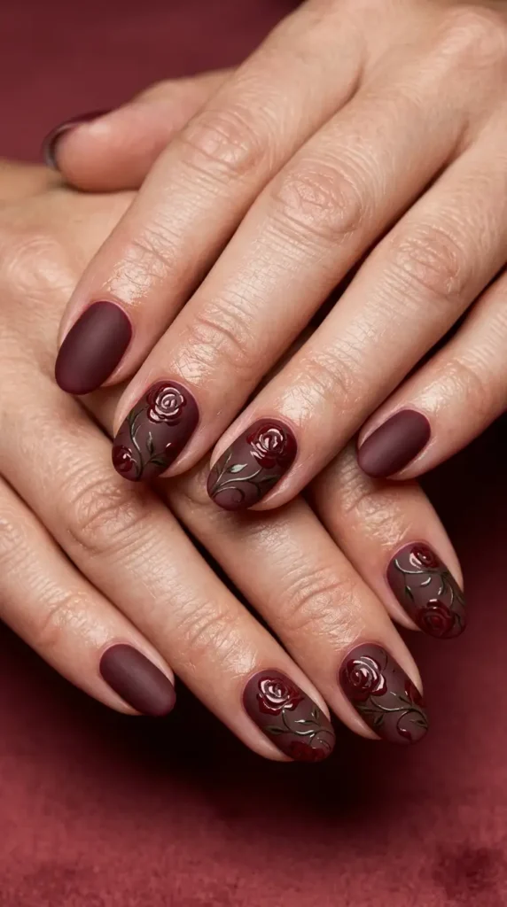 Burgundy Floral Nail Art