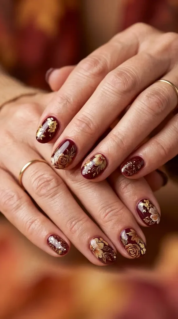 Burgundy Florals with Gold Leaf Accents